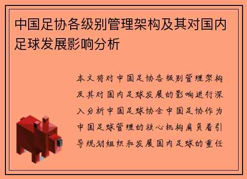 中国足协各级别管理架构及其对国内足球发展影响分析